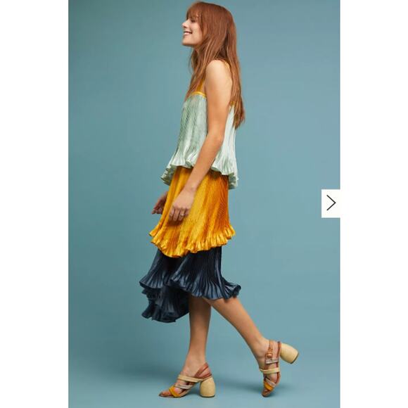 Guapa Anthropologie Dress Small Pleated Colorblock Midi Asymmetrical Tiered Boho - Picture 3 of 14